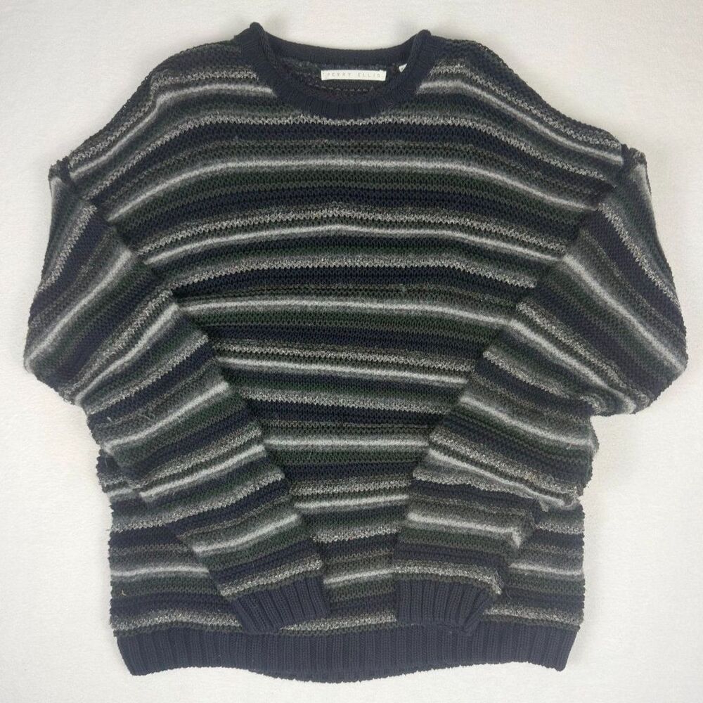 Perry Ellis Striped Knit Crewneck Sweater Men's M Navy Green Gray - Picture 2 of 6